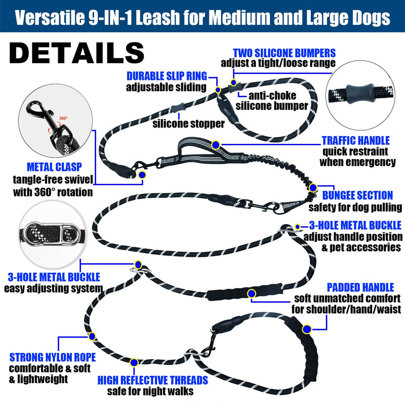 Hands Free Dog Leash Crossbody & Waist for Dog Walking, 13 ft 9-in-1 No Pull Heavy Duty Bungee Slip Lead Leash with 3 Padded Handles, Reflective & Tangle-Free for Large & Medium Dogs Black
