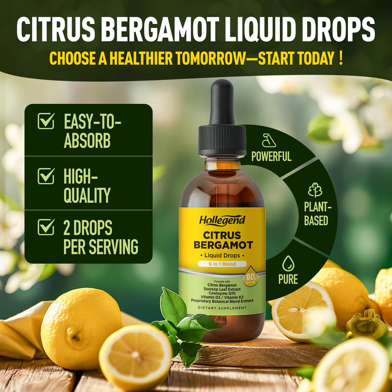 Citrus Bergamot Liquid Drops, Bergamot Extract 1000mg Supplement | Plus CoQ10, Soursop, Vitamin D3, K2 & Herbal Blend, Overall Health Support, Vegan, Lemon Flavor, 4 Fl OZ