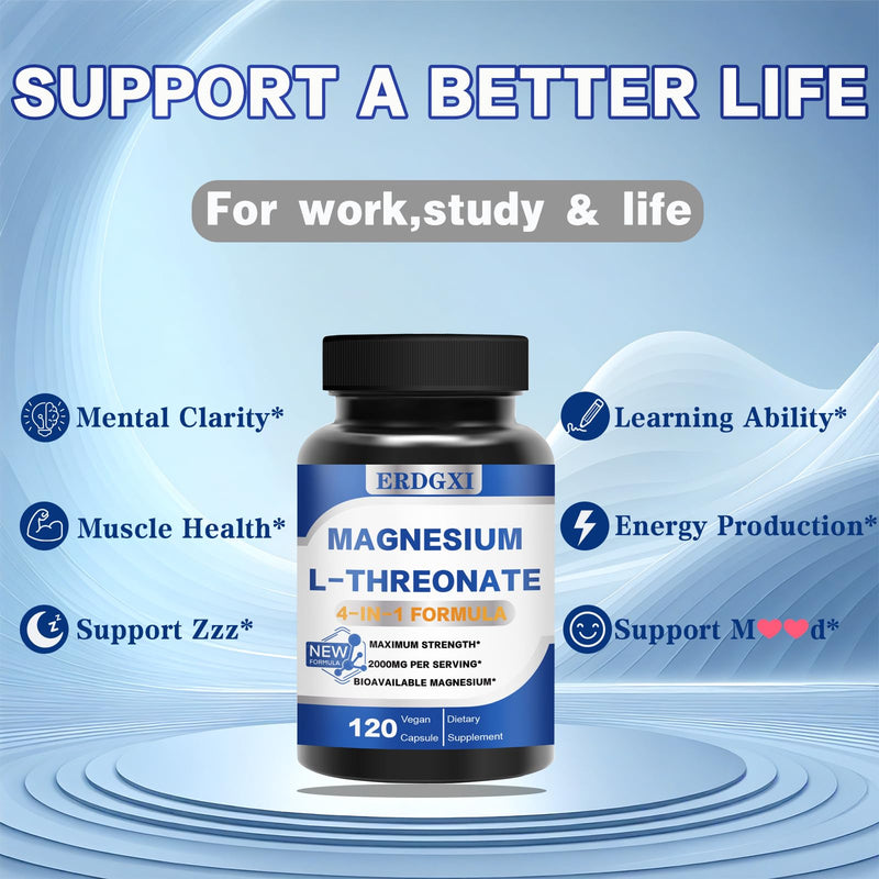 Magnesium L-threonate Supplement，Magnesium Threonate with Vitamin C &D3 | 2000mg High-Absorption Max Potency,Support Clarity,Zzz &Immune,Non-GMO & Gluten Free,120 Capsules (Pack of 1)
