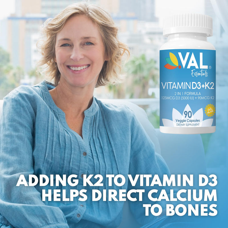 VAL Vitamin D3 + K2 (MK-7) 5000 IU & 90 mcg – Bone & Heart Health Support – High Potency, Non-GMO, Easy to Swallow – 90 Vegan Capsules – D3 K2 Supplement Made in USA 90 Count (Pack of 1)