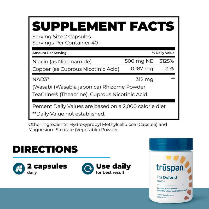 TruSpan NAD+ Supplement, Niacinamide 500mg Capsules for Men & Women, 80ct | Supports cellular energy, metabolism and healthy aging, with vitamins C D3 K2 and sea moss, clean formula, 40 day supply