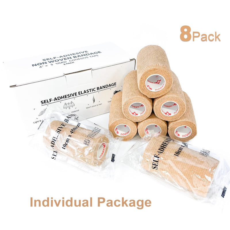 [8 Pack 4" x 5 Yards] Carbou Self Adhesive Cohesive Bandage Wrap, Self Adherant Non-Woven Wrap Rolls, Atheletic Tape for Wrist, Ankle, Hand, Leg, Premium-Grade Medical Stretch Wrap Beige - BeesActive Australia