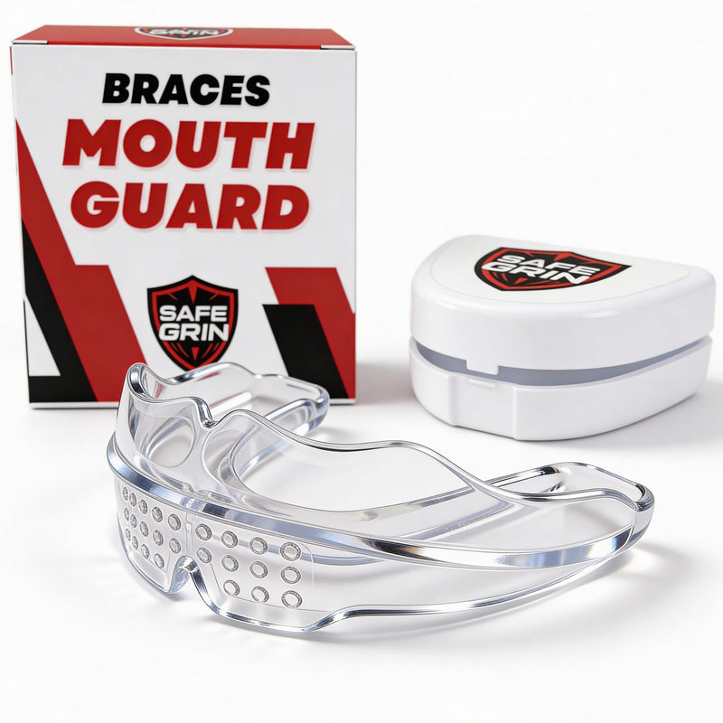 Mouth Guard for Sports - Premium Silicone Upper & Lower Teeth Protection - Football, Lacrosse, Hockey, Baseball - Fit for Youth and Teens (Transparent, MouthGuard for Braces) Transparent - BeesActive Australia