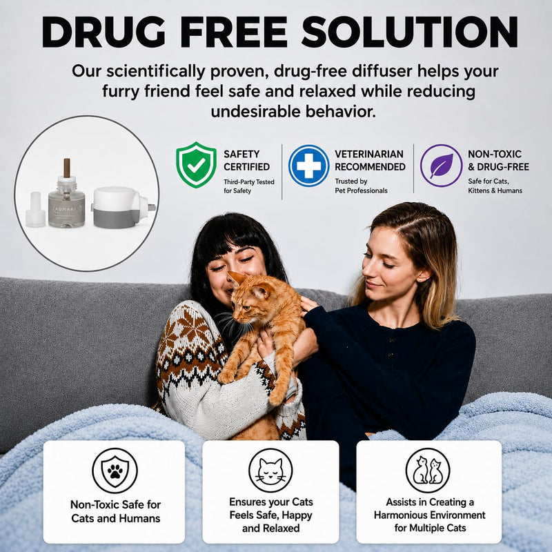 Feline Pheromone Calming Diffuser | Plug-in for Cat Stress, Anxiety, Fighting, Scratching, Over-Grooming, Meowing | Ideal for Multi-Cat Homes | 1 Diffuser + 3 Refills