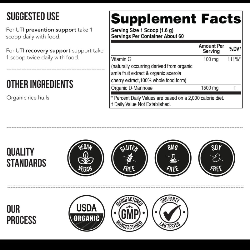Mannose-C - Organic D Mannose Powder + Whole Food Vitamin C, Natural UTI Support Supplement to Flush & Cleanse Urinary Tract, Certified Organic Urinary Health for Women, Vegan, Non-GMO (60 Servings) 3.39 Ounce (Pack of 1)