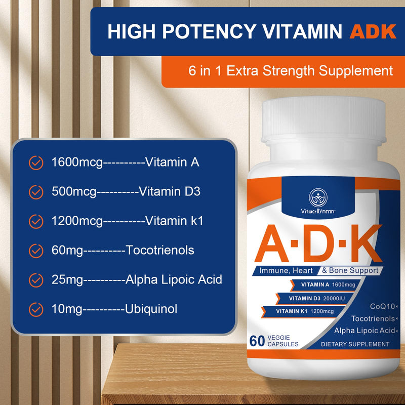 ADK Vitamin Supplement 20000 IU - High Potency Vitamins A, D3 and K1 for Heart, Bone Health and Immune Support Vitamin ADK 120 Capsules