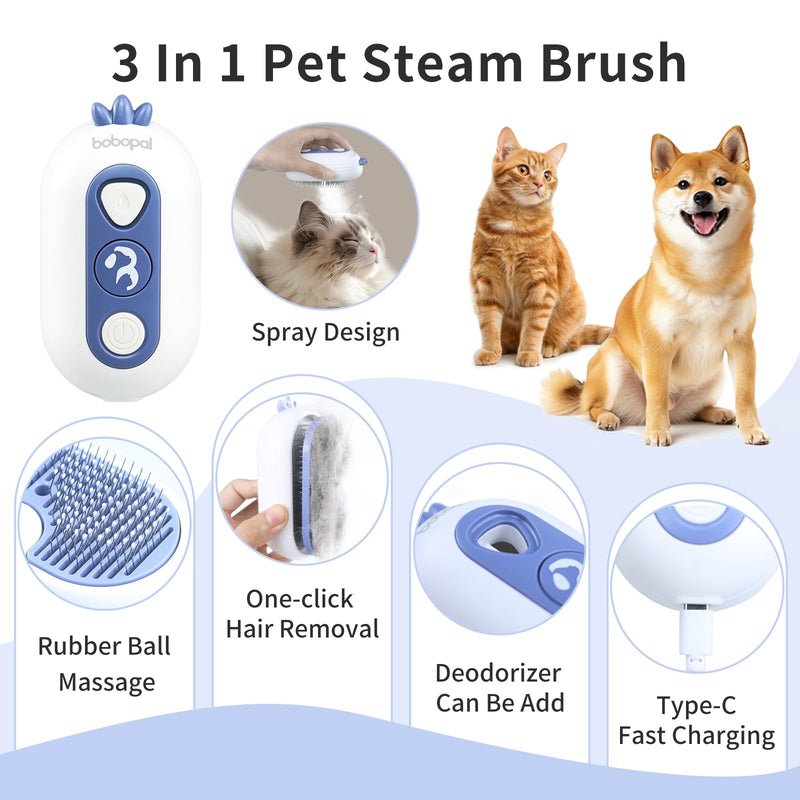 Bobopal Cat Steam Brush, 3 In 1 Cat Brush for Shedding, Self-Cleaning Cat Dog Grooming Brush, Steamy Pet Brush for Long & Short Haired Cats & Dogs Hair Removal Comb with Water Tank Anti-Static, Blue - BeesActive Australia