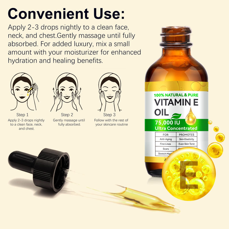 Vitamin E Oil for Skin - 75,000 IU | Vitamin E Oil for Scars, Stretch Marks, Wrinkles, 100% Natural d-Alpha Tocopherol for Face & Hair, Moisturizing Anti-Aging (120 ML) 2 Fl Oz (Pack of 2)