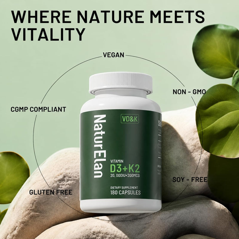 NaturElan Vitamin D3 K2-20,000 IU D3 + 200mcg K2(MK-7), 180 Capsules | Supports Bone, Immune, Heart & Teeth Health, Non-GMO,Vegan, Third-Party Tested, Gluten Free, K2 D3 Vitamin for Men & Women 20,000 IU