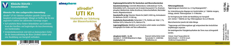almapharm allrodin UTI Kn | 125 tablets | Supplementary feed for rabbits and guinea pigs | To support the urinary tract | With birch leaves and goldenrod - BeesActive Australia