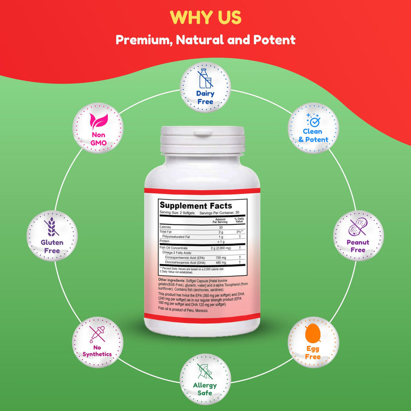SHIFAA NUTRITION Halal Fish Oil Softgels 60 Ct, Double Strength - Halal Omega 3 Fish Oil Supplements. Wild Caught, Non-GMO & Purified 1 Count (Pack of 60)
