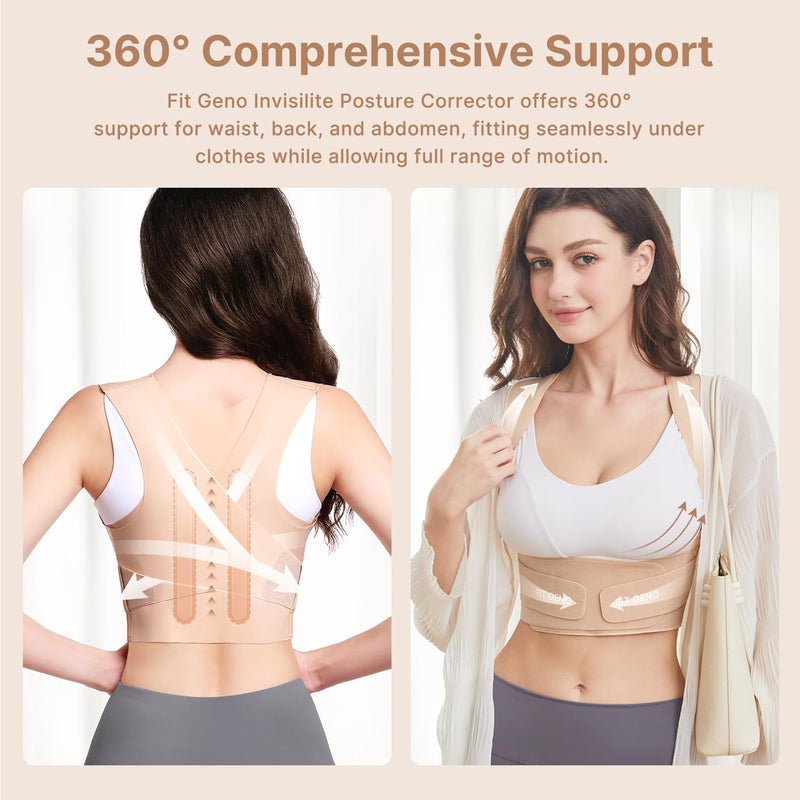 Fit Geno Posture Corrector for Women Invisilite: Invisible Lightweight Back Brace for Neck Shoulder & Upper Back Pain Relief - Improve Posture Correct Hunchback Slouching Under Clothes Large Beige L (Under Bust 32"- 38")