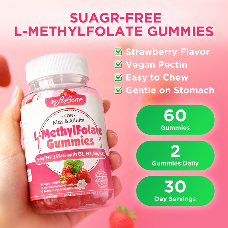 softbear L-Methylfolate Gummies 15mg for Kids & Adults, Organic Methylfolate Supplement 5-MTHF Plus Methyl B12, B1, B2, B6 Support MTHFR Gene, Cognition Function, Strawberry Flavor 120 Count 60 Count (Pack of 2)