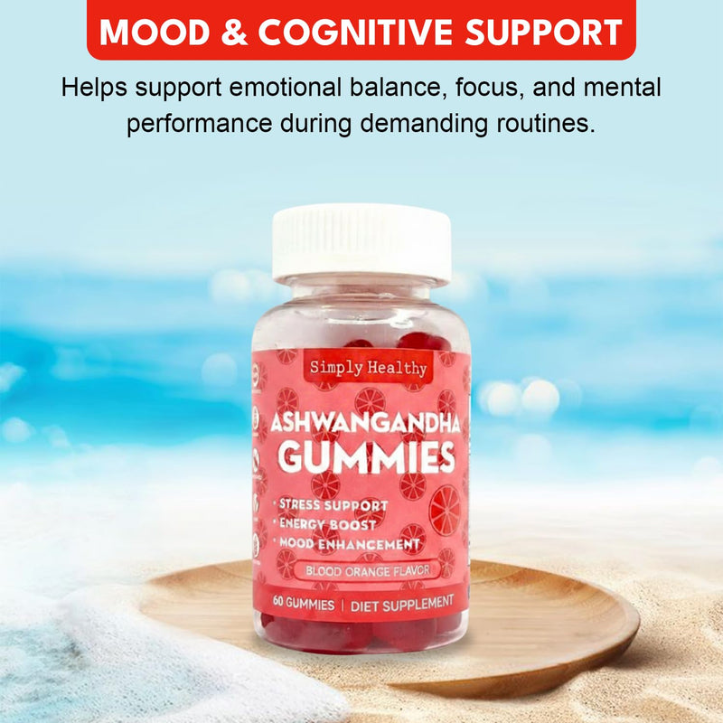 Premium Ashwagandha Gummies, Stress Support with Blood Orange Flavor, Vegan, Easy to Chew, Daily Aid, Energy Booster, Mood Enhancer, for Both Men and Women, 60 Gummies
