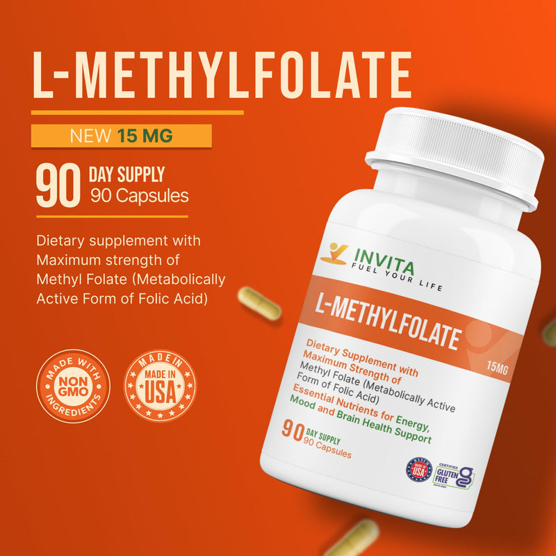 INVITA L-Methylfolate 15mg – Physician Formulated Active Methyl Folate - 5-MTHF Supplement for Energy, Mood & Brain Health Support - Non GMO, Gluten Free, 90 Capsules (3 Month Supply) 15 mg