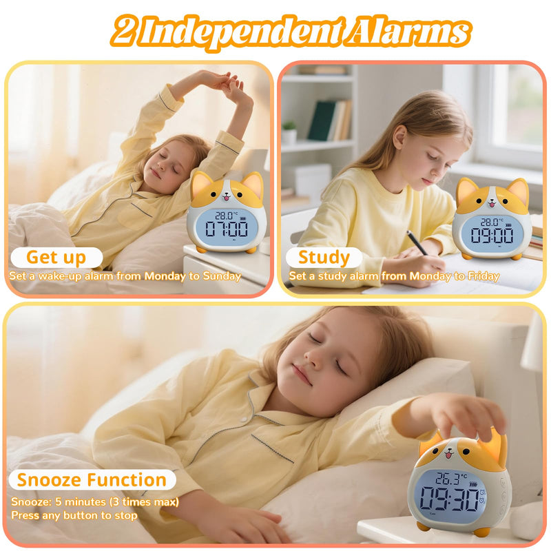 AVEKI Alarm Clocks for Kids - Cute Dog Clock with Night Light, 6 Alarm Tones, Snooze, Timer, Date and Temperature Display - Rechargeable Battery Operated Digital Clocks for Bedroom Kids Room (Corgi) Corgi