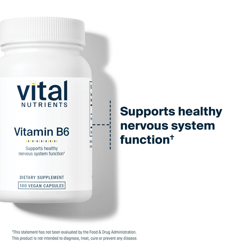 Vital Nutrients Vitamin B6 - Vegan Pyridoxine HCl B6 Vitamins for Nervous System, Muscle, Bone Health* - High-Potency Vitamin B6 for Menstrual Discomfort * - Gluten, Dairy, Soy Free -100 Capsules