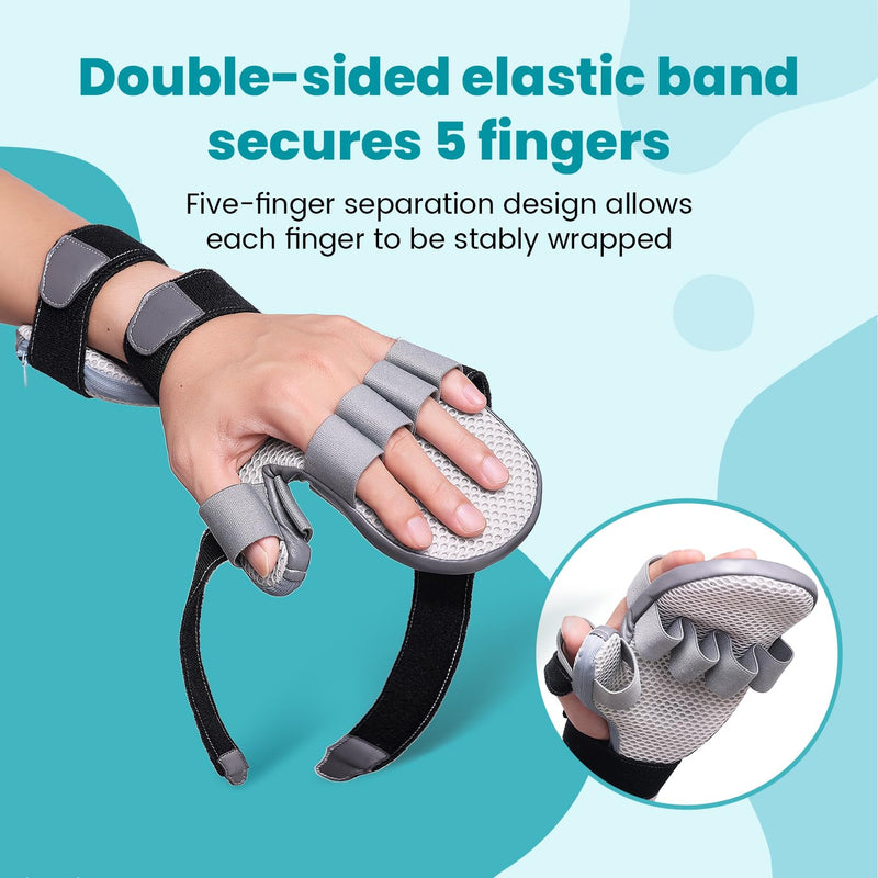 DrFinger Stroke Hand Brace Splint for Straightening Fingers with 5 Fingers Resting Support,Prevent Fingers Curling, Dupuytren's Contractures, Hand Spasms, Fit Right & Left, Men & Women - L Grey