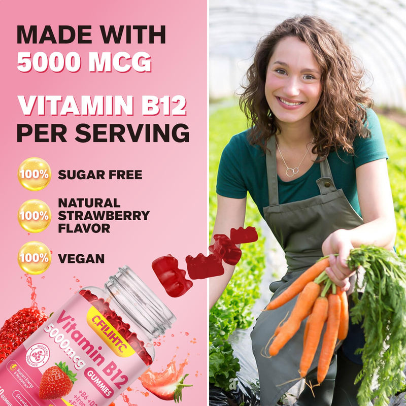 2 Pack Vitamin B12 Gummies for Women & Men, 5000mcg Methyl B12 Gummies with Vitamin B6, D3, Iron, Folate for Adults, Supports Energy & Metabolism Boost, Mood, Immune & Nervous System, Sugar Free Strawberry 60 Count (Pack of 2)