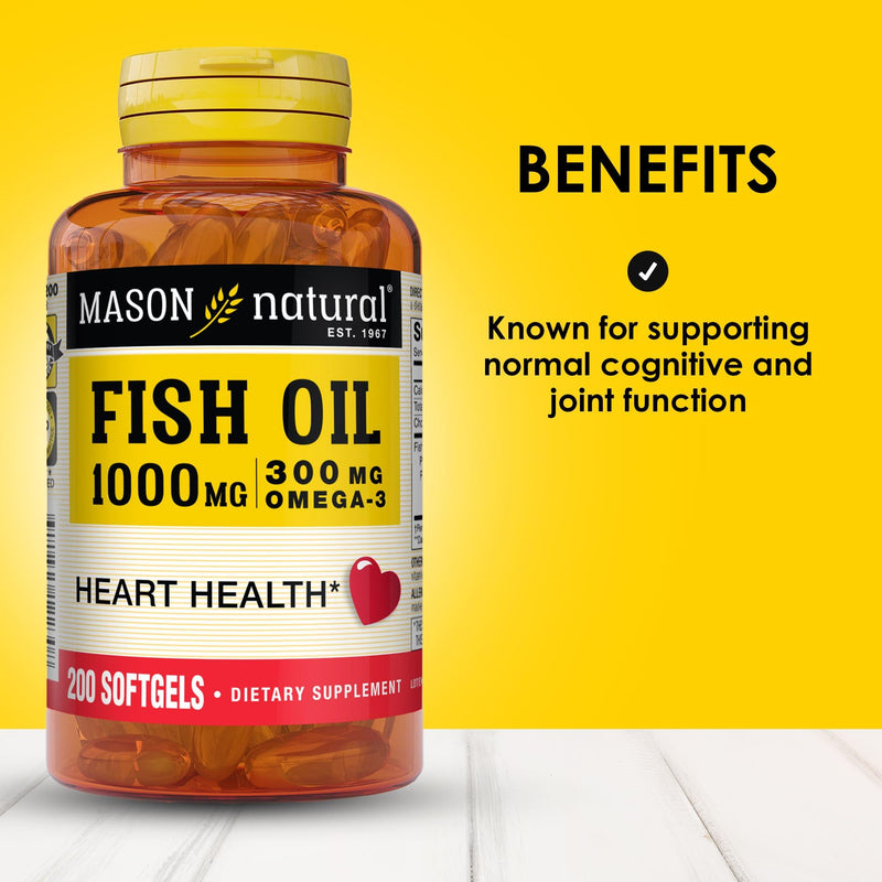 MASON NATURAL Omega,3 Fish Oil, 200,Day Supply, 1000mg with EPA and DHA for Joint Support, Softgel Pills 200 Count (Pack of 1)