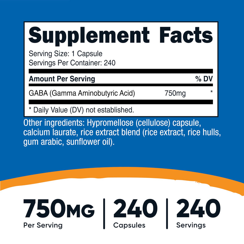 Nutricost GABA (Gamma Aminobutyric Acid) 750mg, 240 Capsules | GMO-Free, Gluten Free 240 Count (Pack of 1)