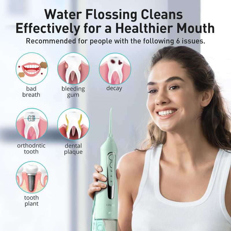 COSLUS Water Dental Flosser Teeth Pick C20(F5020E): Portable Cordless Oral Irrigator 300ML Rechargeable Travel Irrigation Cleaner IPX7 Waterproof Electric Flossing Machine for Teeth Cleaning, Green