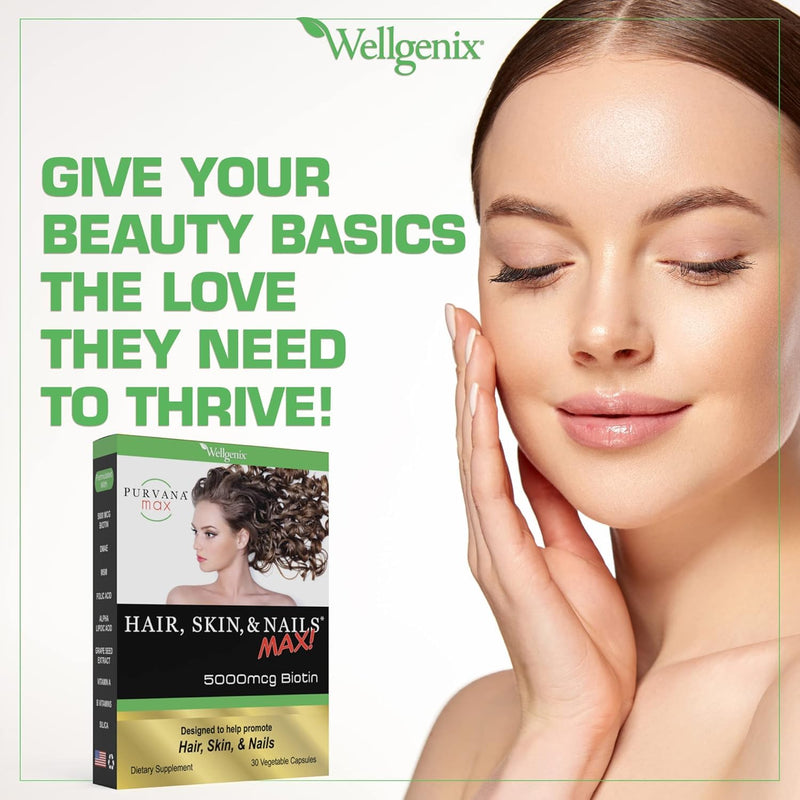 Wellgenix Purvana MAX Hair Skin and Nails Supplement – 5000mcg Biotin with MSM & B-Complex – Support for Thicker Hair, Stronger Nails & Glowing Skin – 30 Veggie Capsules | Biotin, MSM & hyaluronic acid in vegetable capsules for thicker, fuller hair, st...