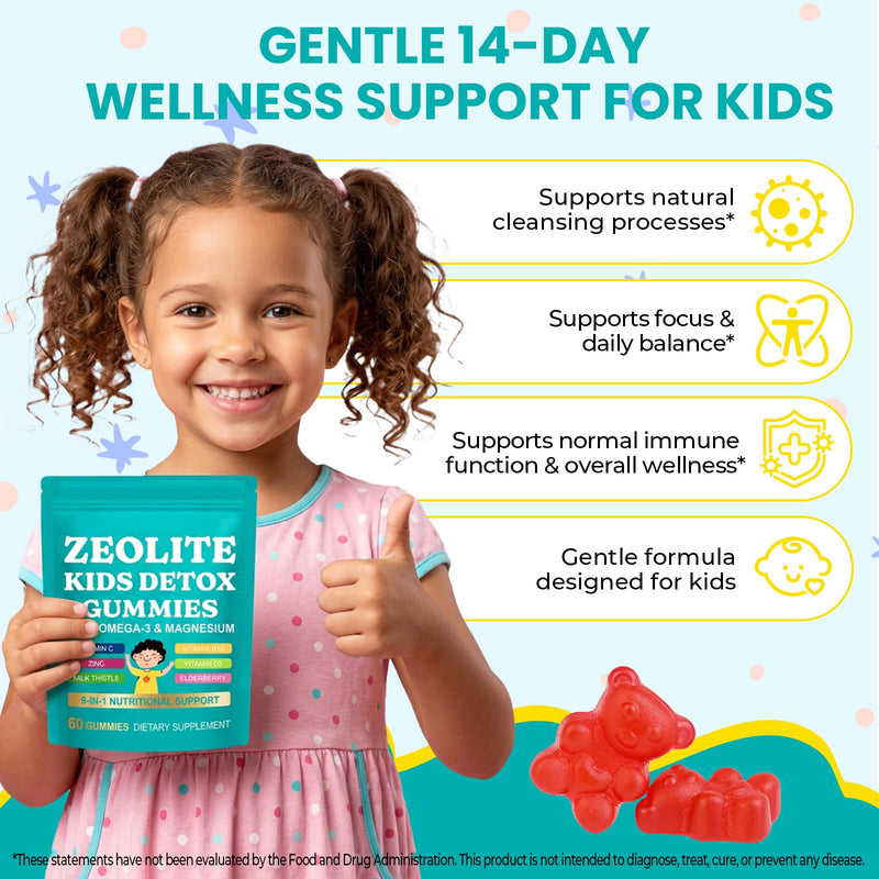 Zeolite Kids Detox Gummies,Zeolite Detox for Kids & Adults,9-in-1 All in One Daily Kids Supplement with Zeolite,Elderberry,Omega-3,Magnesium,Vitamin,Milk Thistle,Zinc,B12,Sugar Free 60 Gummies