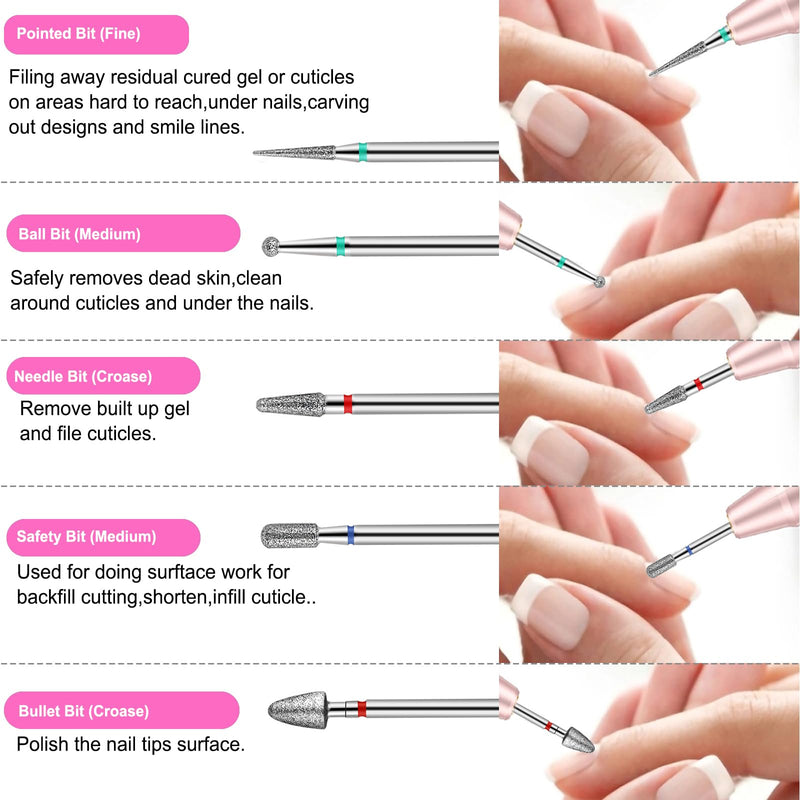 Cellentool 30Pcs Nail Drill Bits Set with Rhinestone Storage Box, 3/32 Inch Ceramic Diamond Carbide Nail Drill Bits for Acrylic Gel Polish, Cuticle Efile Remover for Manicure (Pink) Pink