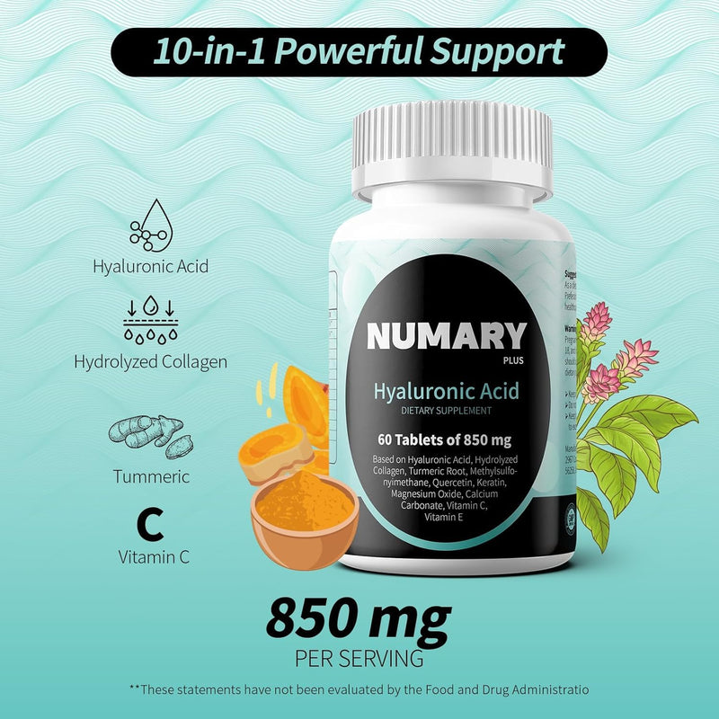 850mg Hyaluronic Acid with Hydrolyzed Collagen, Turmeric, MSM, Vitamin C, 60 Tablets, 2 Month Supply 60 Count (Pack of 1)