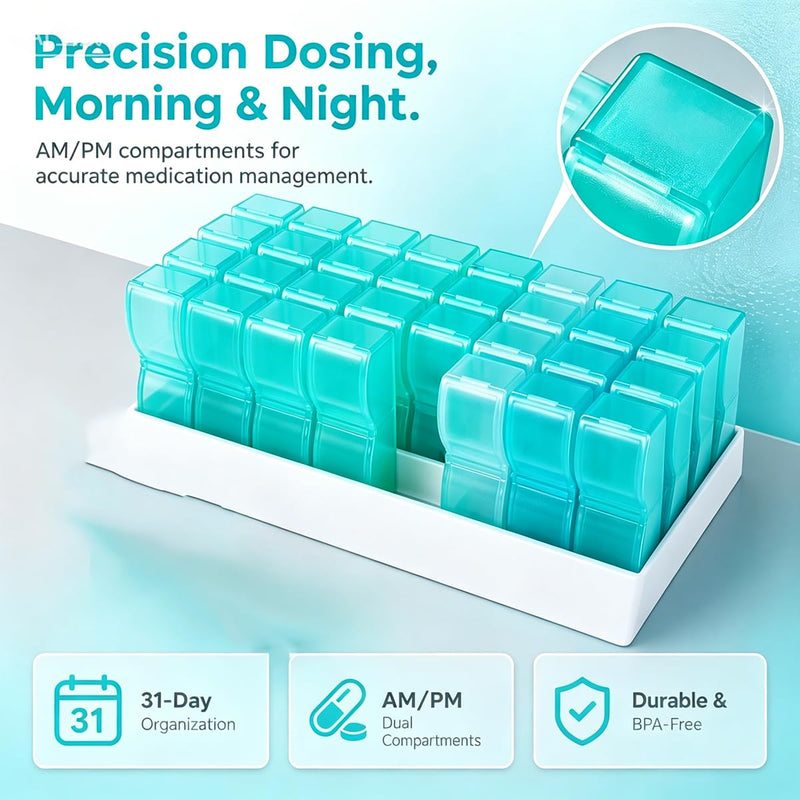 Monthly Pill Organizer, 31 Day Pills Case for Hold Vitamin and Travel Medicine, Portable Pill Storage Box, Cyan