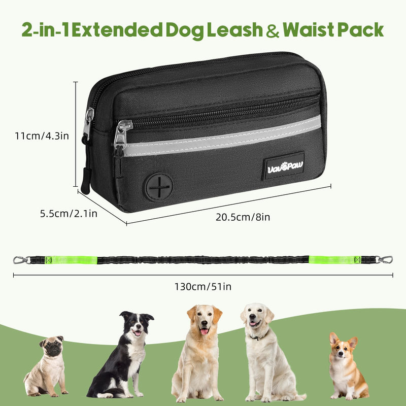 VavoPaw Hands Free Dog Leash with Pouch, Waist Leash for Dog Walking, Jogging, Hiking, Retractable Leashes with Dual Padded Handles, Adjustable Reflective Belt for Small Medium Large Dogs, Black Green 1 Leash