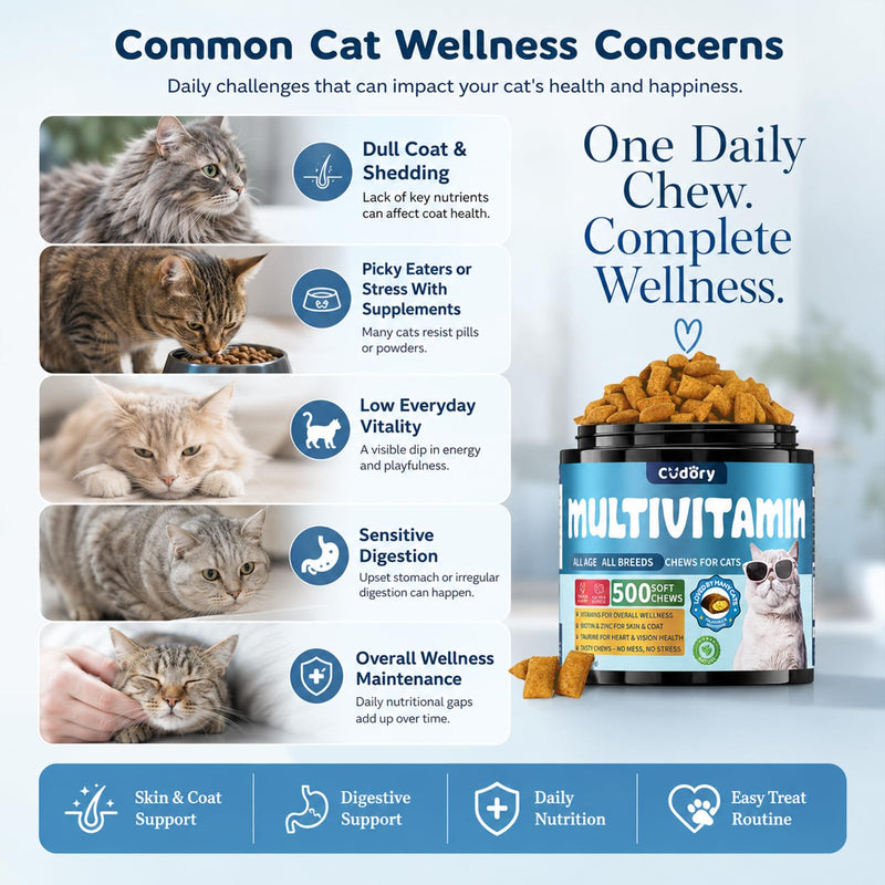 Taurine for Cats Vitamins Treats Snacks –15 in 1 Cat Multivitamin 500 Chews – Supports Immune, Joints, Digestion, Skin & Coat – Daily Healthy Supplement for Cats of All Ages (90-Day Supply)