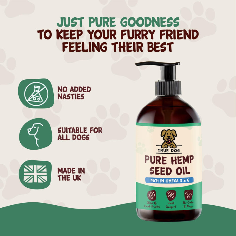 True Dog Pure Hemp Oil (500ml) Dog Food Topper with Vitamins and Omega 3 for Dogs in Pump Dispenser, Supports Healthy Coat, Joints & Anxiety, For All Breeds and Sizes - Natural Pet Supplements 500ml