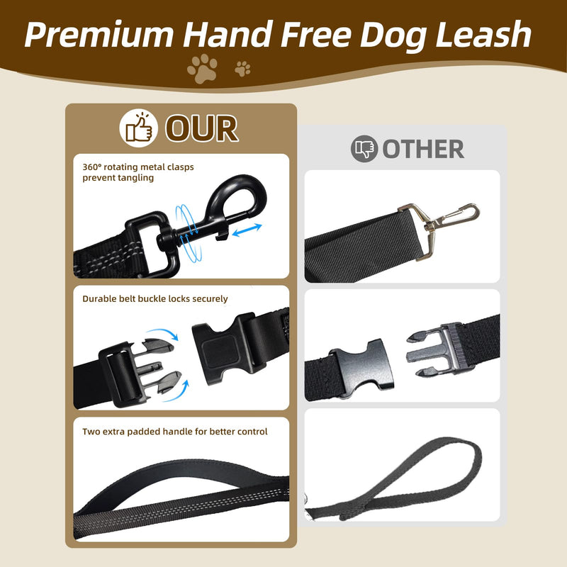 Hands Free Dog Leash with Zipper Pouch, Dual Padded Handle Dog Waist Belt, Retractable Bungee Leash with Reflective Stictches for Small & Medium Dog Running Walking Jogging Training, Black - BeesActive Australia