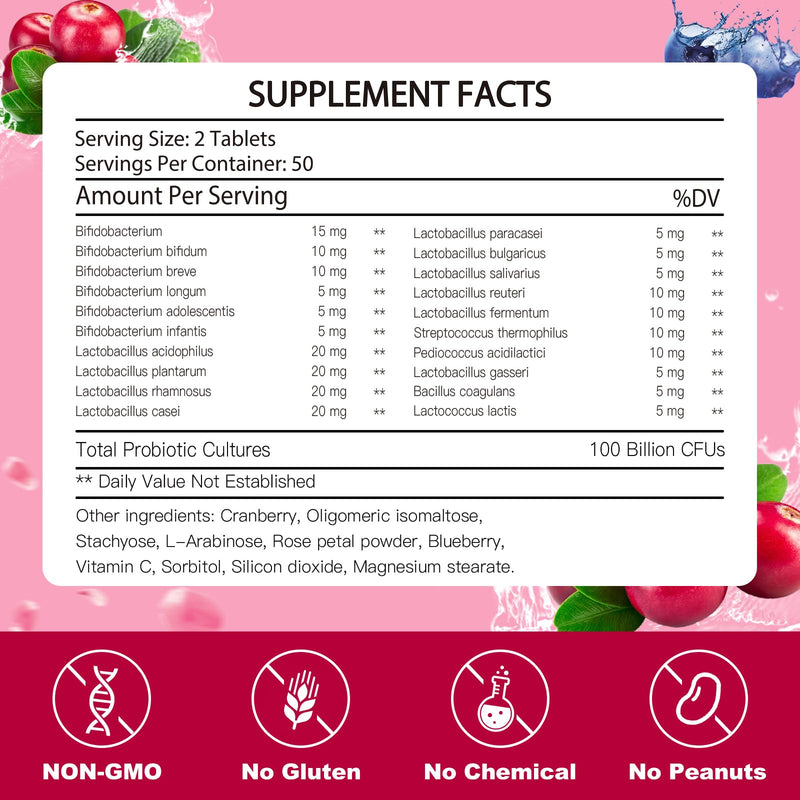 KFG Women's Probiotic, 100 Billion CFUs, 20 Strains, with Organic Prebiotics+Cranberry & D-Mannose, for Boost Immune, Digestive, Gut, Vaginal & Urinary Health, Gluten Dairy & Soy Free, 100 Tablets. - BeesActive Australia
