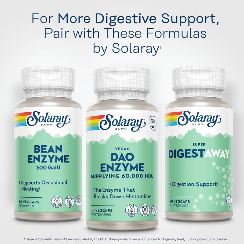 SOLARAY DAO Enzyme 60000 HDU, 30 VegCaps | Histamine Digestion Support, Plant Based DAO Enzyme, Enteric Coated, 30 Servings, Vegan, Lab Verified 30 Count (Pack of 1)