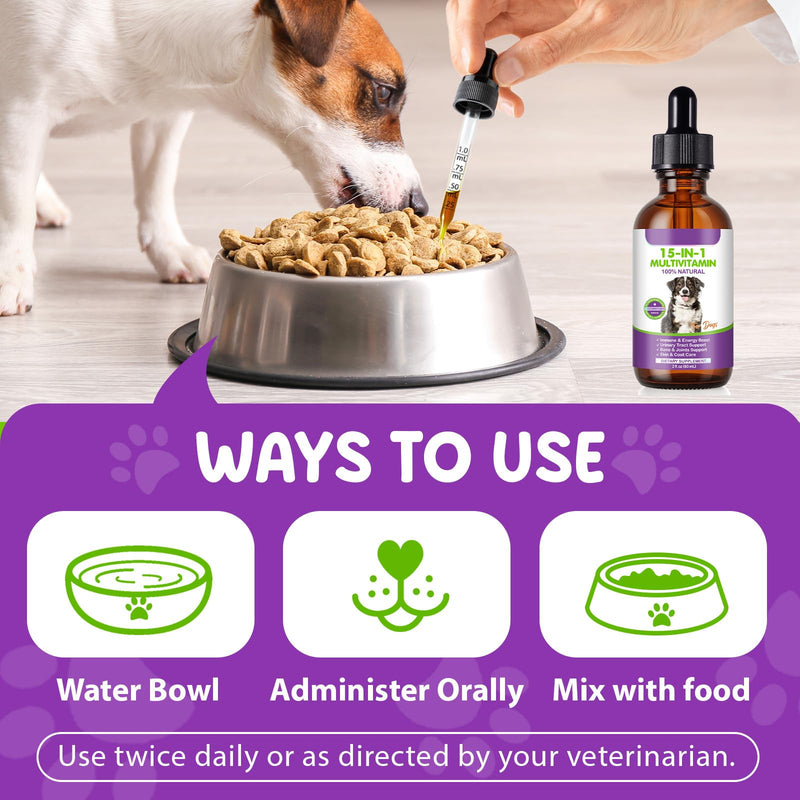 15 in 1 Dog Multivitamin Drops, 60ml Dog Vitamins Supplements, Support Skin and Coat, Joint, Heart, Digestion, Immune and Gut Health