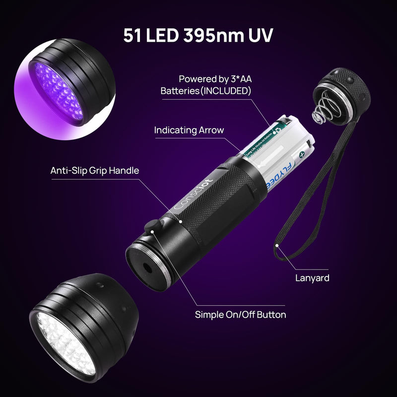 UV Flashlight Black Light, Consciot 51 LED 395nm Ultraviolet Blacklight, Portable Torch Light Pet Urine Detector for Dog/Cat Urine, Dry Stains, Bed Bug, Resin Curing, Matching with Pet Odor Eliminator 1 Pack - BeesActive Australia