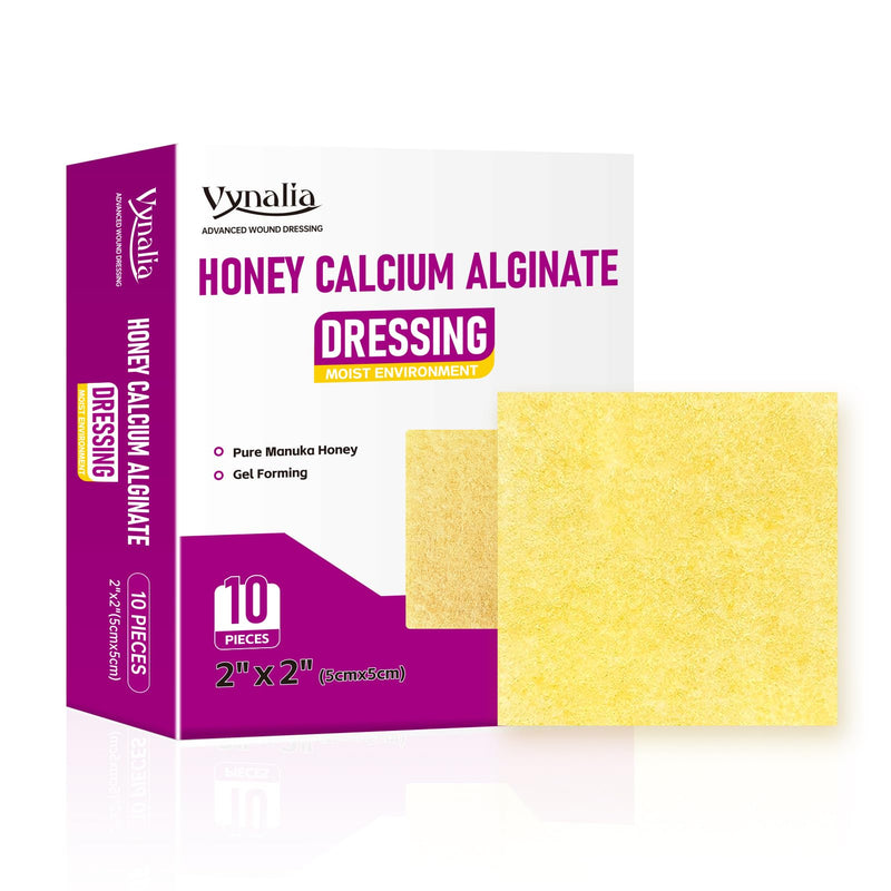 Honey Calcium Alginate Wound Dressing – 2"x2" 10 Packs – Medical Grade Manuka Honey, High Absorbency, Forms Gel & Non-Stick – for Chronic Wounds, Post-Surgery, Pressure Injuries, Burns, Cuts - BeesActive Australia