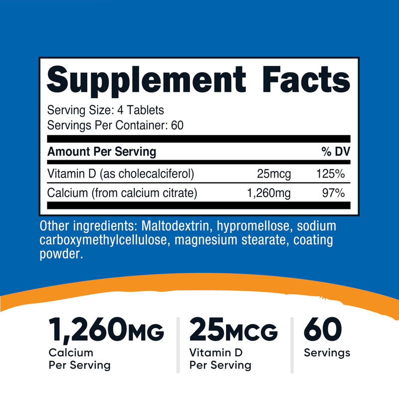 Nutricost Calcium Citrate (1,260mg) with Vitamin D (25mcg) 240 Tablets | GMO-Free, Gluten-Free, 60 Servings