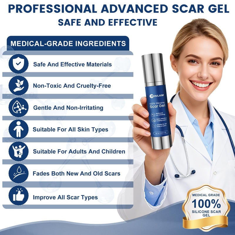 Rvlaim 100% Silicone Scar Gel Scar Cream, Advanced Silicone Gel for Removal of Surgical, Burns, Acne Scar, Old and Recent Scars and Stretch Marks, 1.7 oz/50ml 50ML