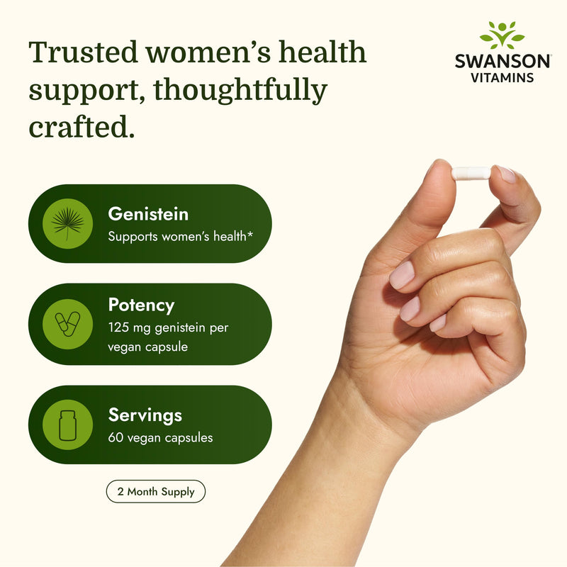 Swanson Soy-Free Genistein Plant-Based Supplement for Women Seeking Hormonal Balance, Bone, and Cardiovascular Support - 125 mg (60 Vegan Capsules) | Plant-Based Soy-Free Genistein for Women Seeking Hormonal Balance, Bone and Cardiovascular Support, 98...