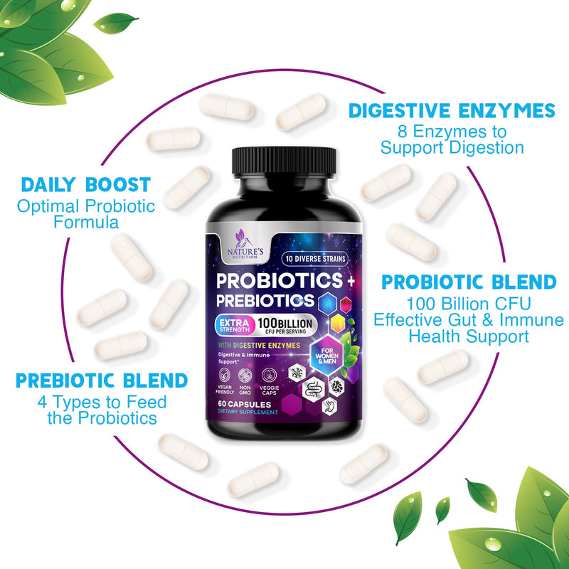 Probiotics 100 Billion CFU Per Serving - 10 Premium Strains + Prebiotics - Best Probiotic Supplement for Women & Men - Supports Immune, Digestive Health, Occasional Constipation & Gas - 60 Capsules 60 Count (Pack of 1)
