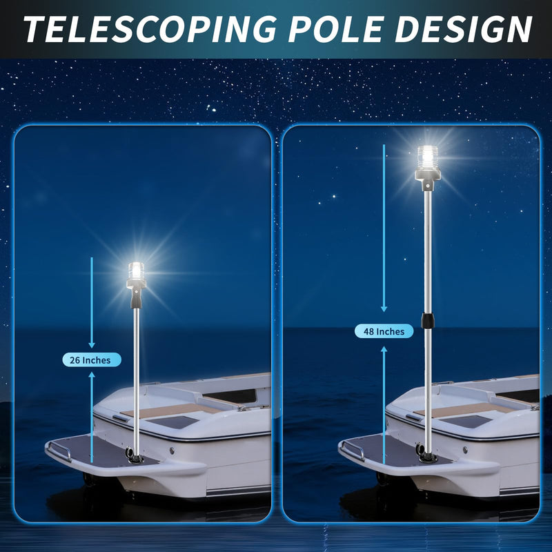 Telescoping Boat Stern Light Marine Anchor Light, 26"-48" Adjustable Rear Boat Lights Pole LED with Base, White Boats Navigation Lights for Bass, Fishing, Jon Boats, Pontoon 12-24V (Sliver) Sliver - BeesActive Australia