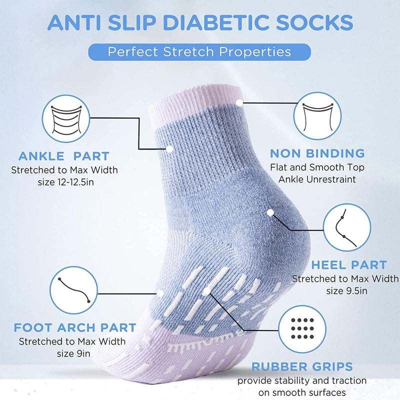 Bulinlulu Bamboo Viscose Diabetic Socks with Grippers for Men Women -6 Pairs Non Binding Ankle Slipper Socks Size 6-9 9-12 Purple/Green/Orange Red/Pale Purple/Black/White Medium