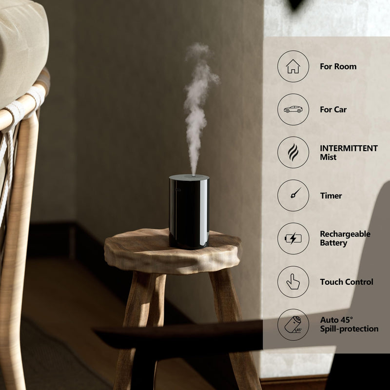 Airversa Waterless Diffuser for Essential Oil, Battery Operated Nebulizer, 0.7 Fl.Oz./ 20mL Capacity, Mini Scent Air Machine, 3 Countdown Timers & 3 Mist Levels for Home Room Car Office - AN8 Black Black-1pc - BeesActive Australia