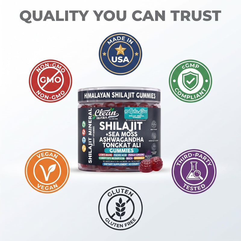 Alpha Glow Shilajit Gummies with Irish Sea Moss Tongkat Ali Ashwagandha Lion's Mane MACA Panax Ginseng Rhodiola & Cordyceps By Clean Nutra (1) 1