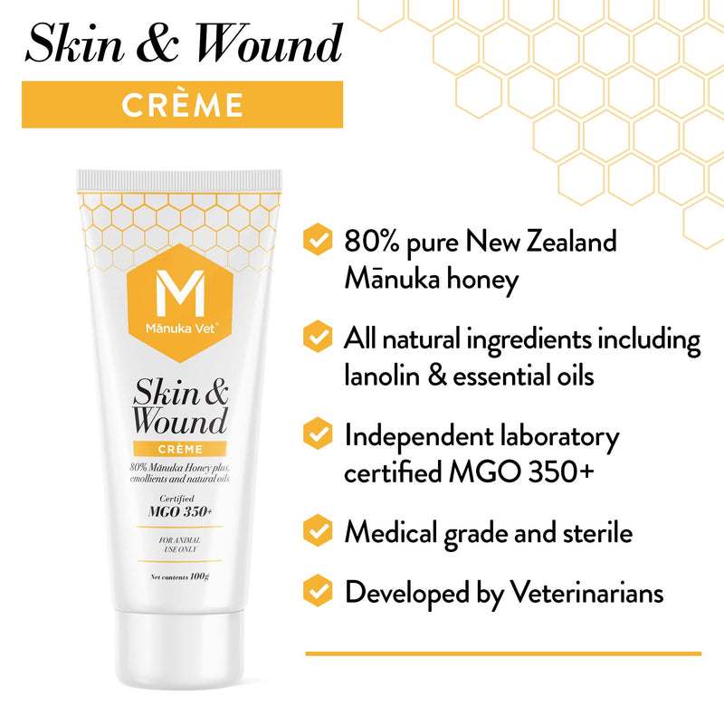Manuka Vet Skin & Wound Crème, 350+ MGO Medical Grade Manuka Honey, Rapid Healing & Skin Repair Treatment for Dogs, Horses and Other Animals, 3.53oz (100g) Tube - BeesActive Australia