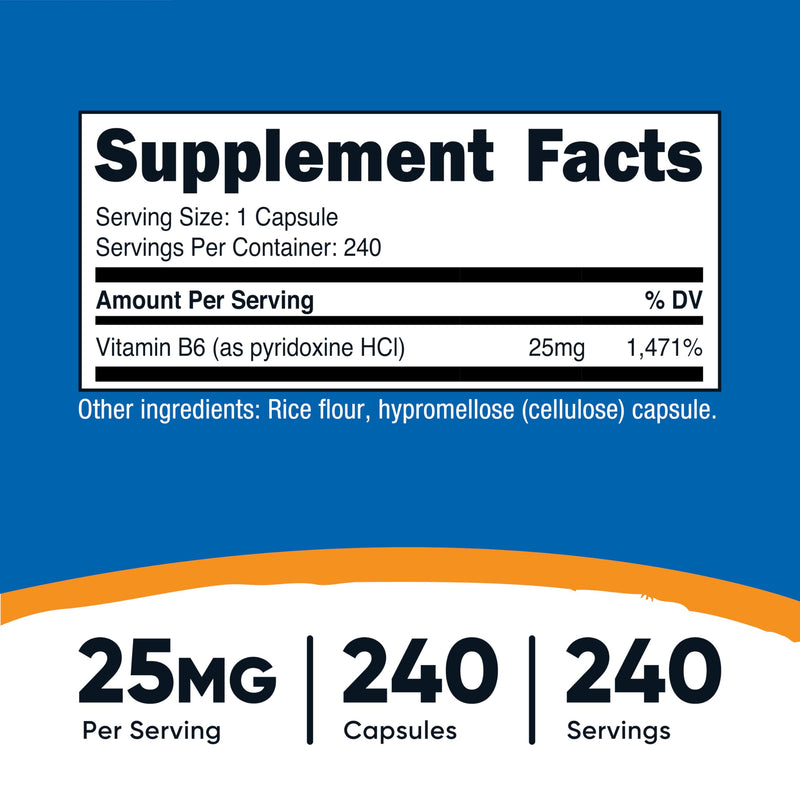 Nutricost Vitamin B6 (Pyridoxine HCl) 25mg, 240 Capsules, Gluten Free | GMO-Free, Vegetarian Friendly